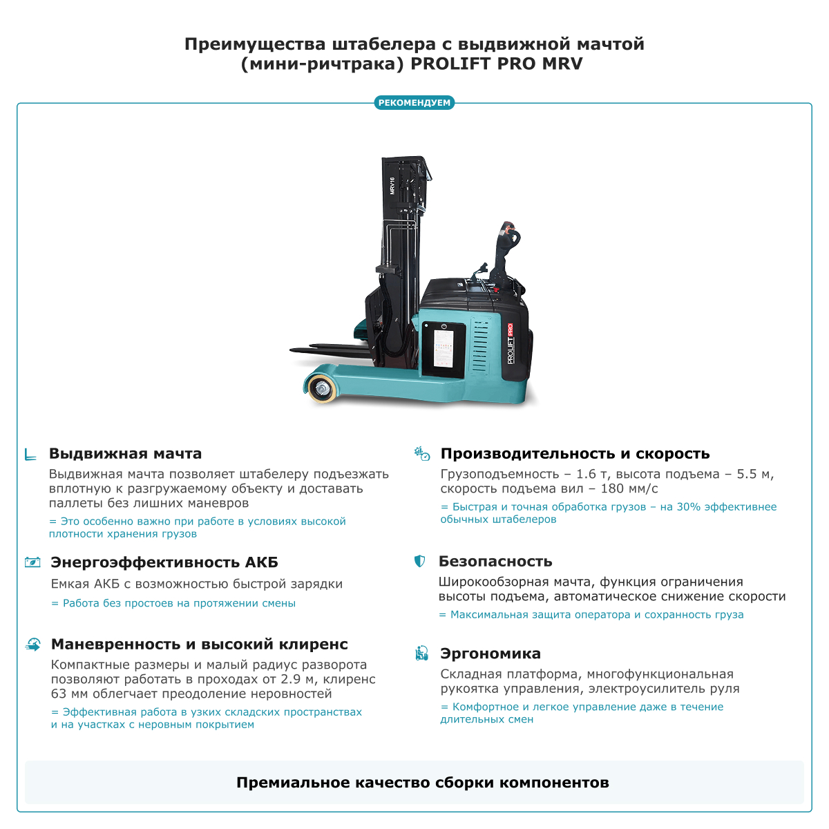Штабелер с выдвижной мачтой (мини-ричтрак) PROLIFT PRO MRV 1655